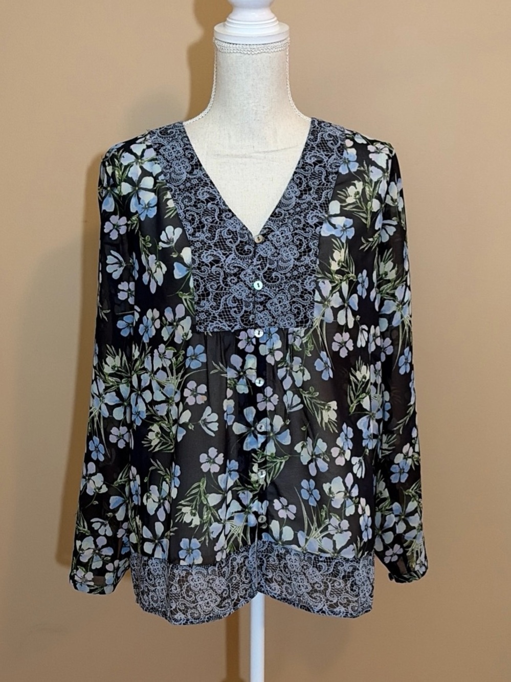 J. Jill Medium Blue Floral Button-Down Long Sleeve Sheer Blouse